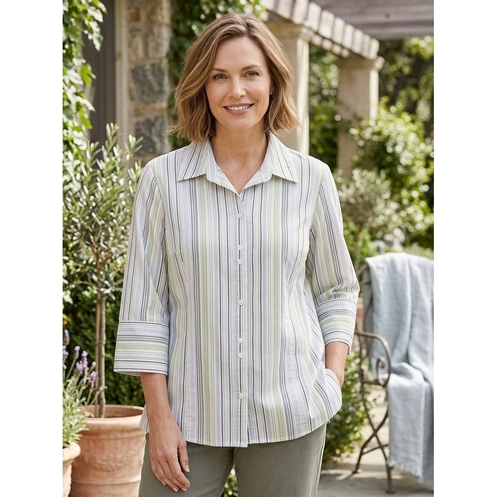 Studio 1940 Striped Button Down 3/4 Sleeve Top Women's 18/20W Stretch Vacation